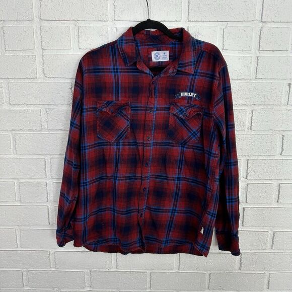 Hurley Shirt Mens Medium Red Blue Plaid Flannel Long Sleeve Button Up Surf Skate - Picture 2 of 8